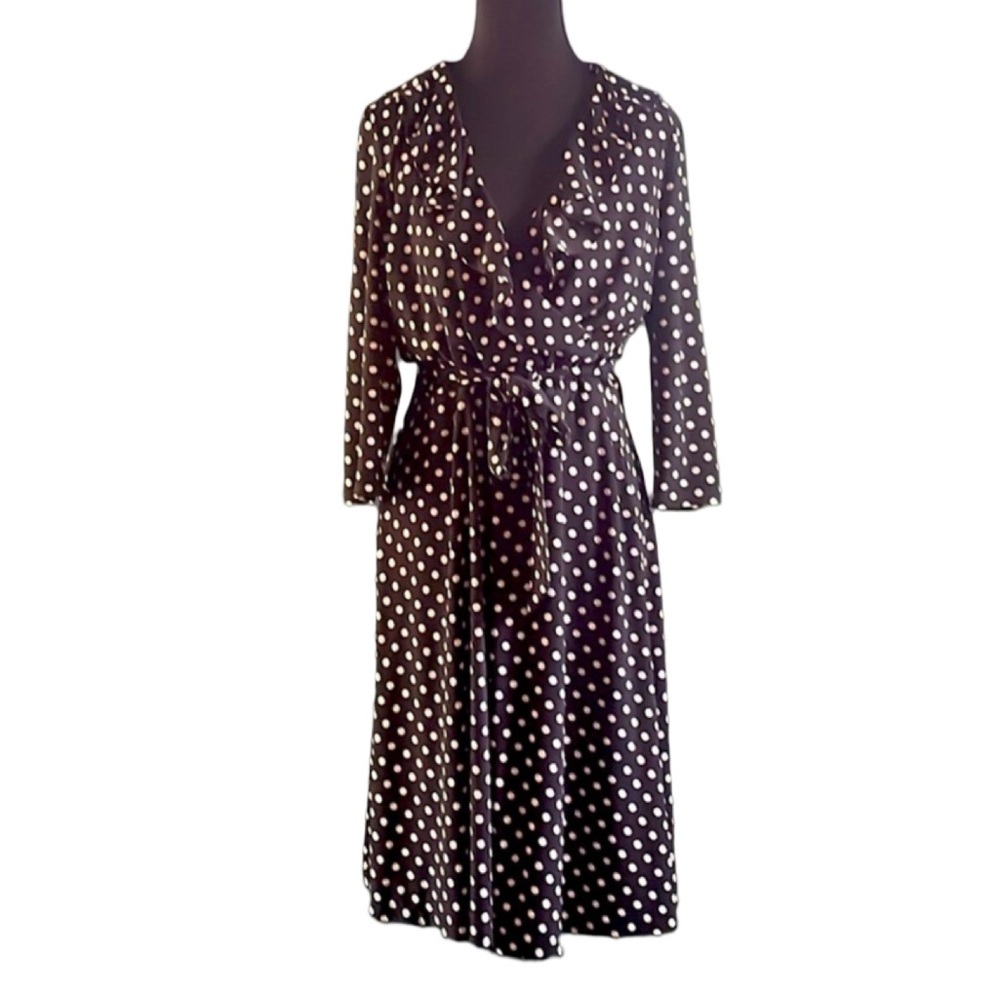 Chaps Black mock wrap Dress with White Dots